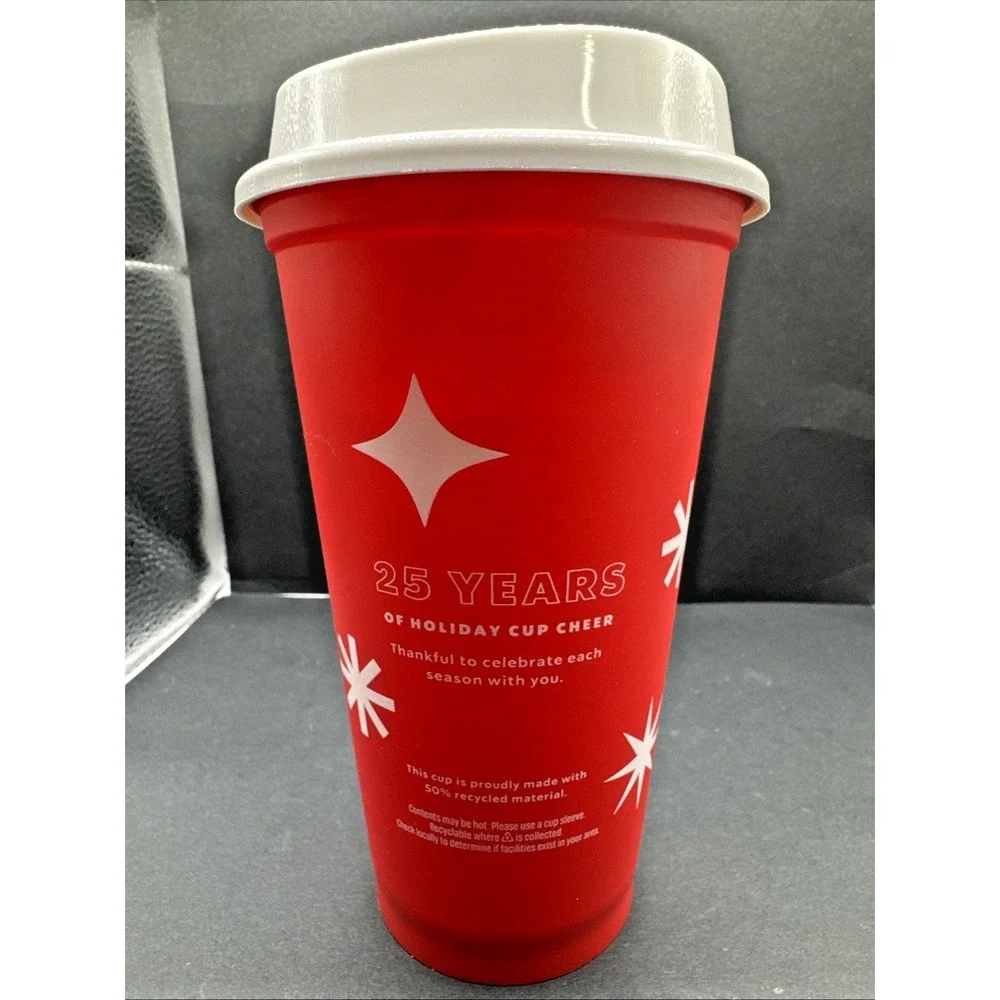 Starbucks 25 Years Red Holiday Reusable Coffee Tea Plastic Cup with Lid 16oz -A5
